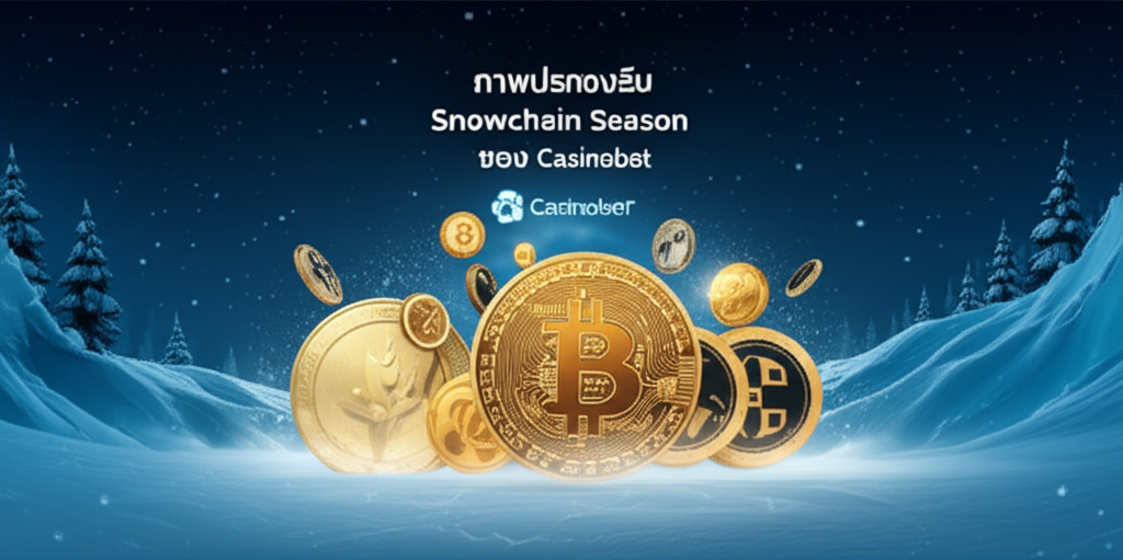 ภาพประกอบธีม Snowchain Season ของ Casinobet แสดงสัญลักษณ์คริปโตและรางวัลใหญ่