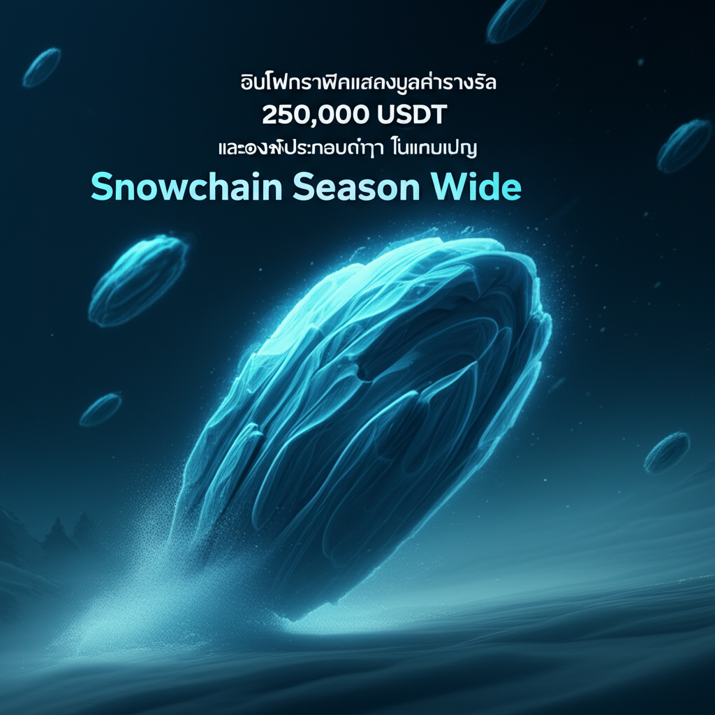 อินโฟกราฟิกแสดงมูลค่ารางวัล 250,000 USDT และองค์ประกอบต่างๆ ในแคมเปญ Snowchain Season